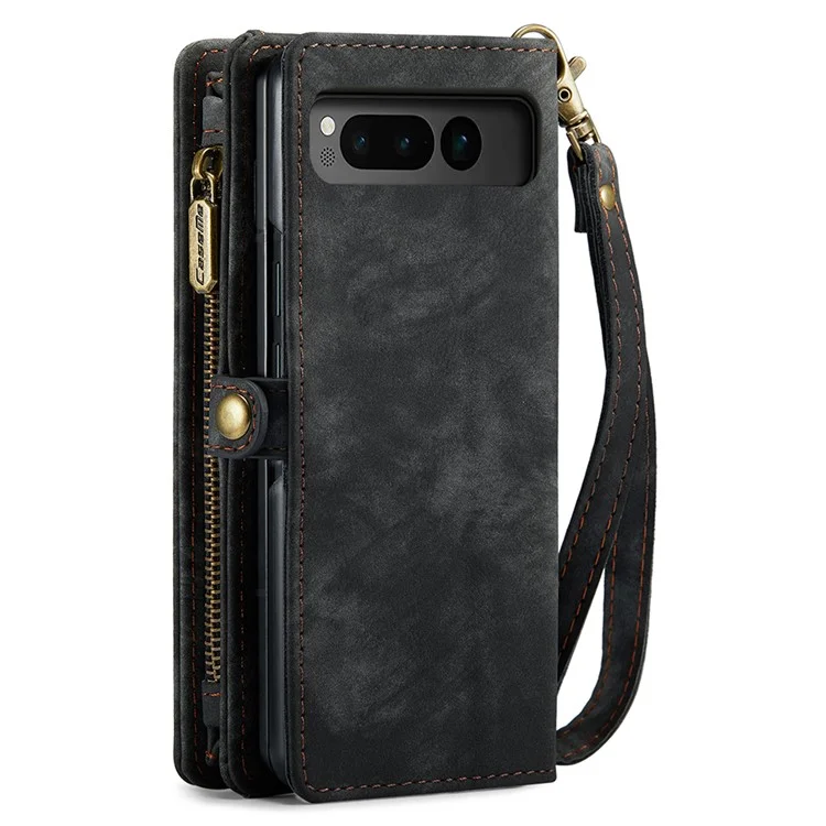 CASEME 008 Series para Google Pixel Fold Estuche de teléfono con bolsillo con cremallera, de pie y billetera Funda de cuero desmontable - Negro