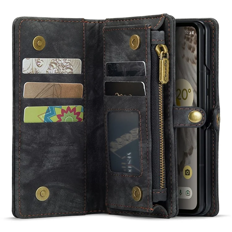 CASEME 008 Series para Google Pixel Fold Estuche de teléfono con bolsillo con cremallera, de pie y billetera Funda de cuero desmontable - Negro