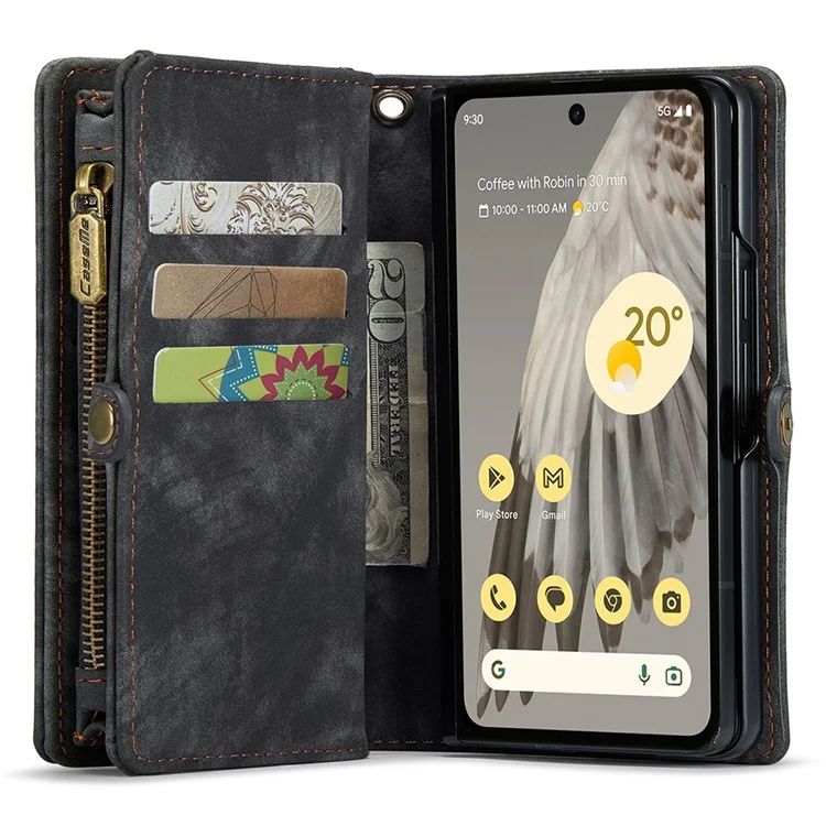 CASEME 008 Series para Google Pixel Fold Estuche de teléfono con bolsillo con cremallera, de pie y billetera Funda de cuero desmontable - Negro
