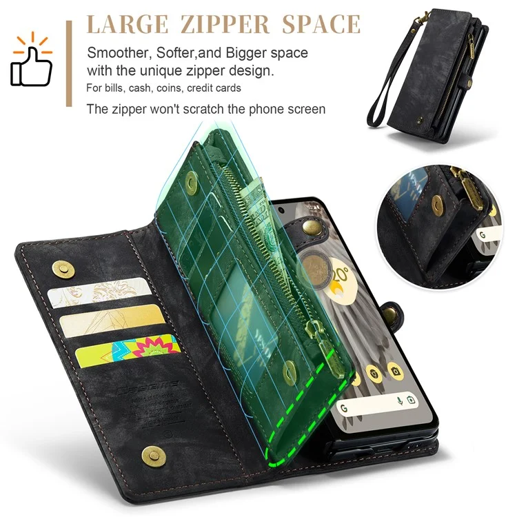 CASEME 008 Series para Google Pixel Fold Estuche de teléfono con bolsillo con cremallera, de pie y billetera Funda de cuero desmontable - Negro