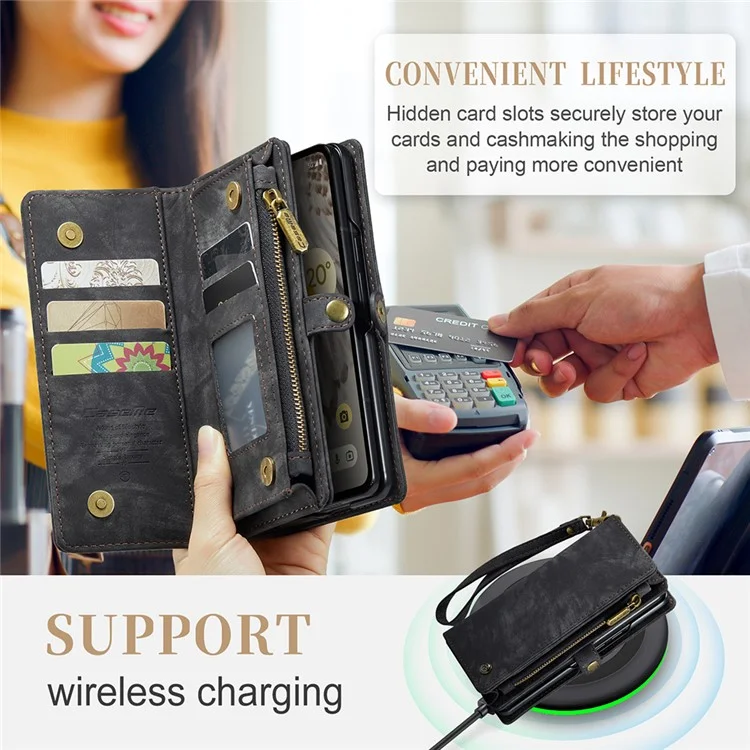 CASEME 008 Series para Google Pixel Fold Estuche de teléfono con bolsillo con cremallera, de pie y billetera Funda de cuero desmontable - Negro
