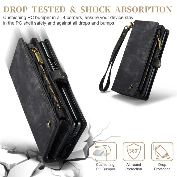 CASEME 008 Series para Google Pixel Fold Estuche de teléfono con bolsillo con cremallera, de pie y billetera Funda de cuero desmontable - Negro