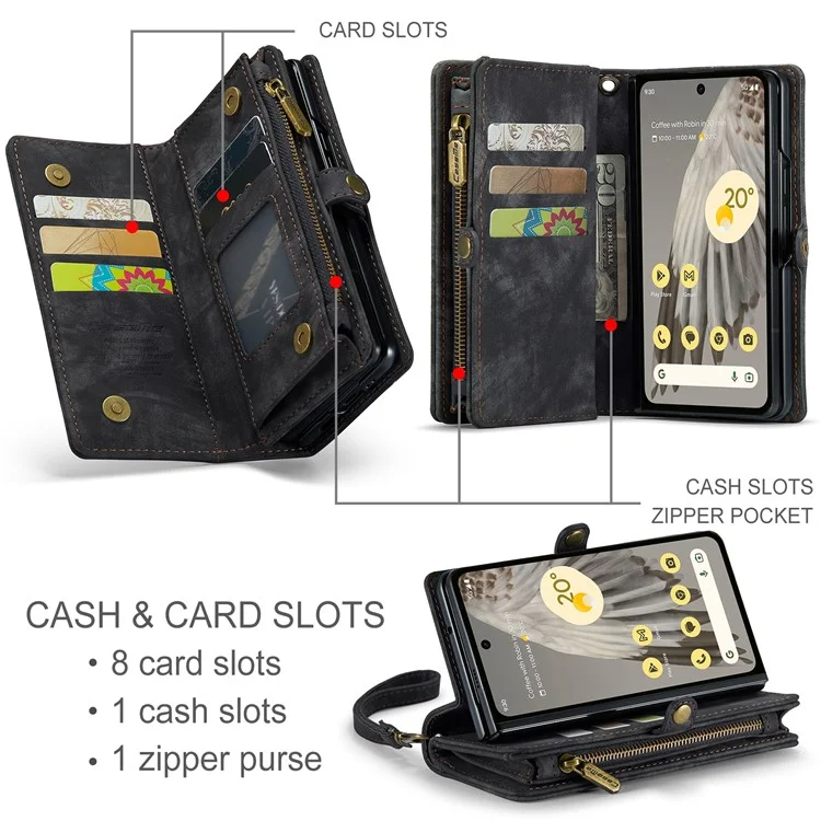 CASEME 008 Series para Google Pixel Fold Estuche de teléfono con bolsillo con cremallera, de pie y billetera Funda de cuero desmontable - Negro