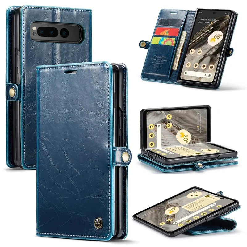 CASEME 003 Serie Waxy Crazy Horse Textur PU-Handyhülle für Google Pixel Fold Wallet Telefonhülle mit Ständer - Blau