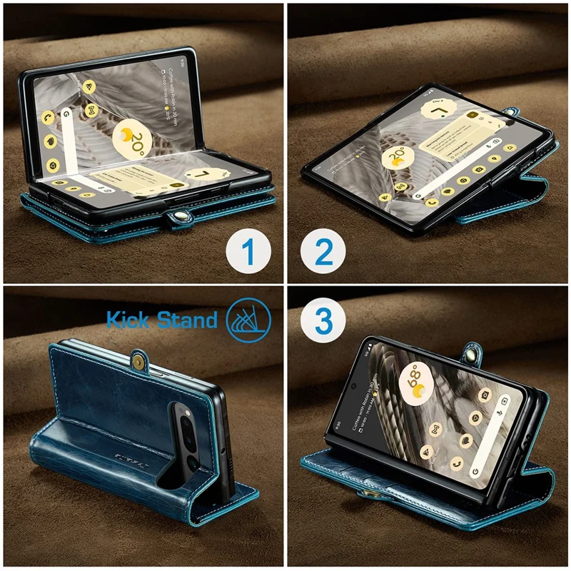 CASEME 003 Serie Waxy Crazy Horse Textur PU-Handyhülle für Google Pixel Fold Wallet Telefonhülle mit Ständer - Blau