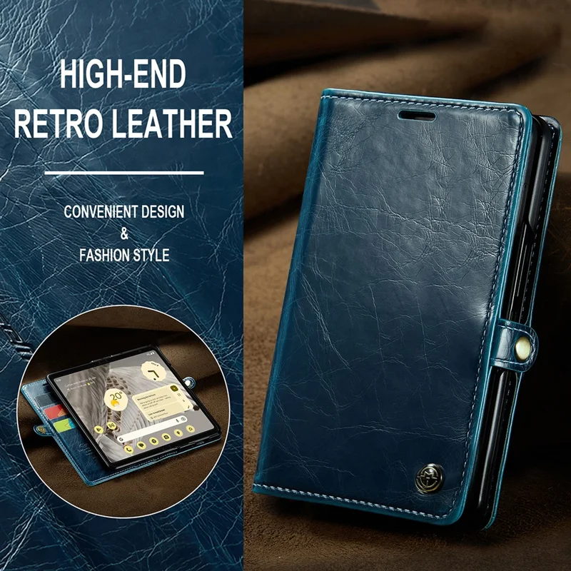 CASEME 003 Serie Waxy Crazy Horse Textur PU-Handyhülle für Google Pixel Fold Wallet Telefonhülle mit Ständer - Blau