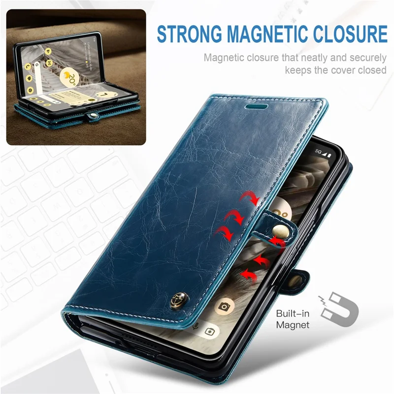CASEME 003 Serie Waxy Crazy Horse Textur PU-Handyhülle für Google Pixel Fold Wallet Telefonhülle mit Ständer - Blau