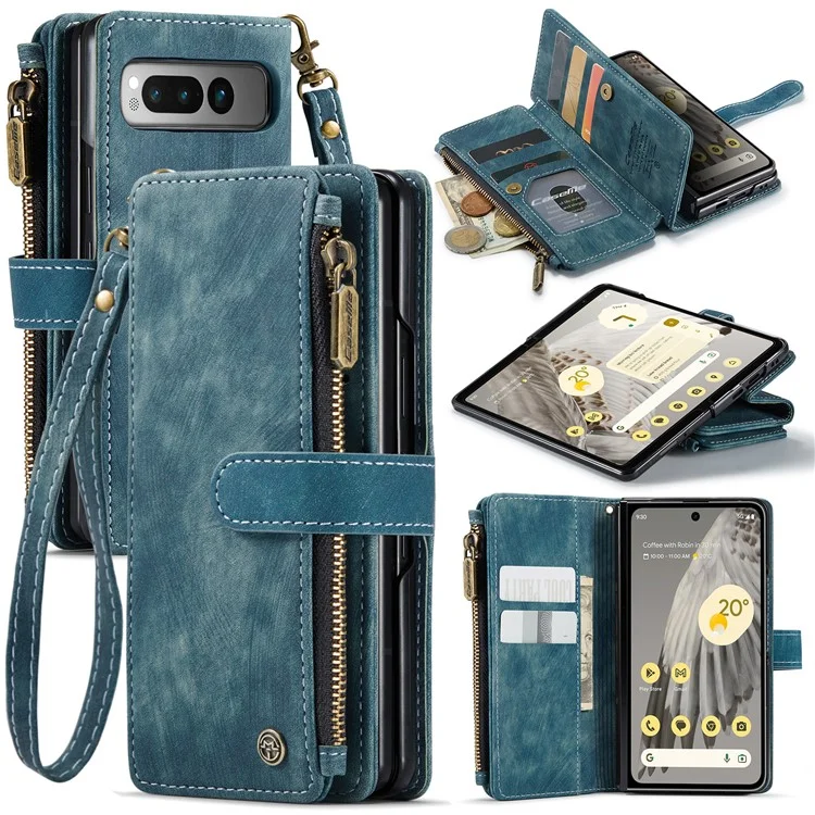 CASEME C30 Series per Google Pixel Fold Custodia con cerniera e tasche 7 slot per schede Custodia in pelle con tracolla - Blu