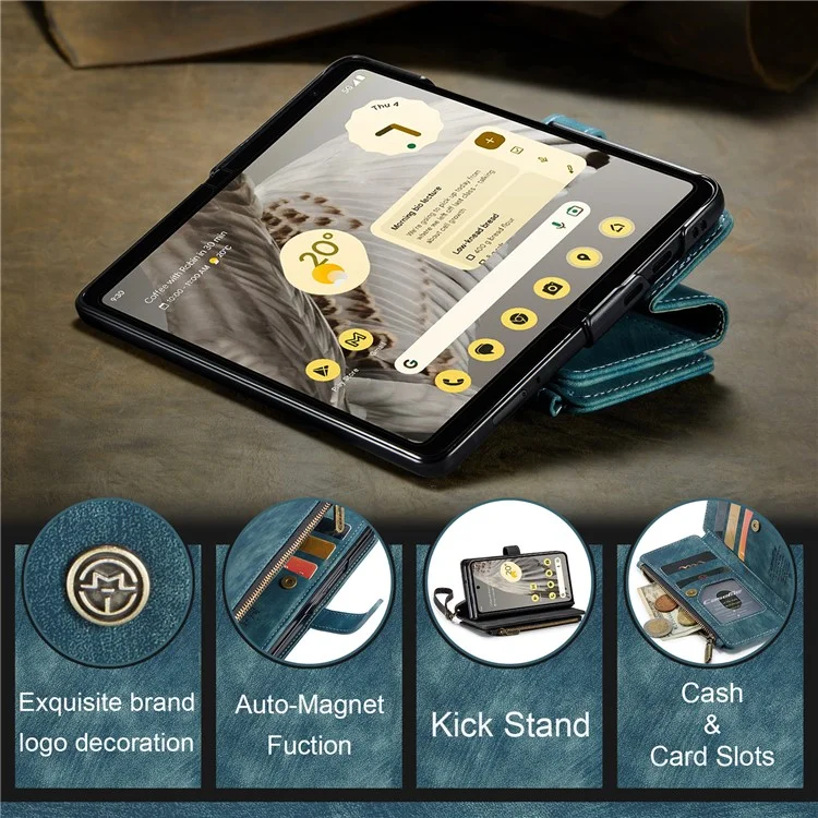 CASEME C30 Series per Google Pixel Fold Custodia con cerniera e tasche 7 slot per schede Custodia in pelle con tracolla - Blu