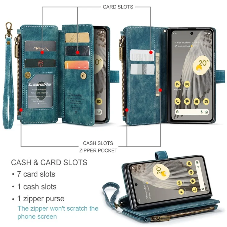 CASEME C30 Series per Google Pixel Fold Custodia con cerniera e tasche 7 slot per schede Custodia in pelle con tracolla - Blu