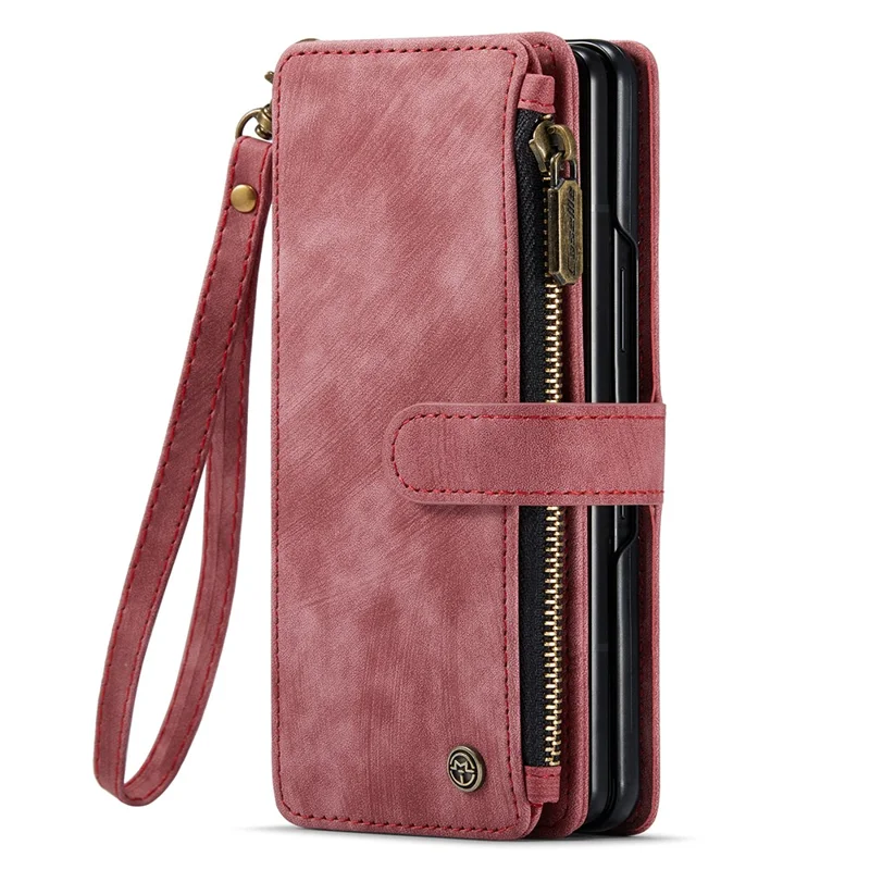 For Google Pixel Fold Phone Cases with Strap CASEME C30 Zipper Multiple Card Holder PU Leather Cover - Red