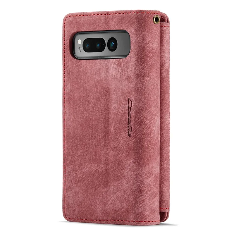 For Google Pixel Fold Phone Cases with Strap CASEME C30 Zipper Multiple Card Holder PU Leather Cover - Red