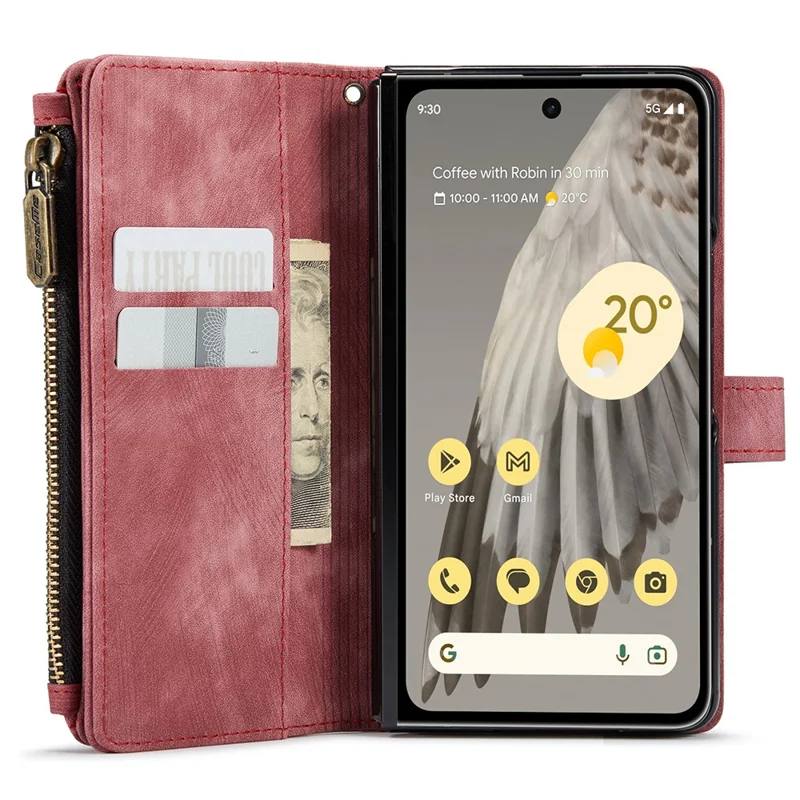 For Google Pixel Fold Phone Cases with Strap CASEME C30 Zipper Multiple Card Holder PU Leather Cover - Red