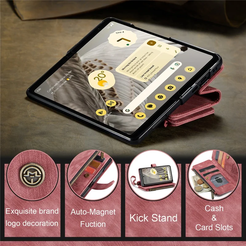 For Google Pixel Fold Phone Cases with Strap CASEME C30 Zipper Multiple Card Holder PU Leather Cover - Red