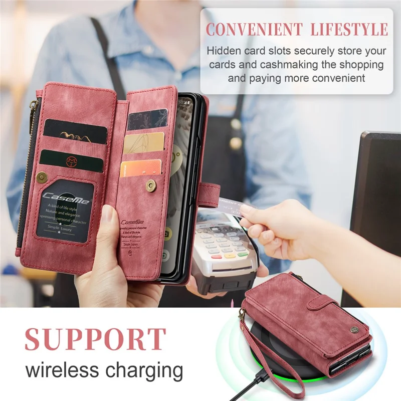 For Google Pixel Fold Phone Cases with Strap CASEME C30 Zipper Multiple Card Holder PU Leather Cover - Red