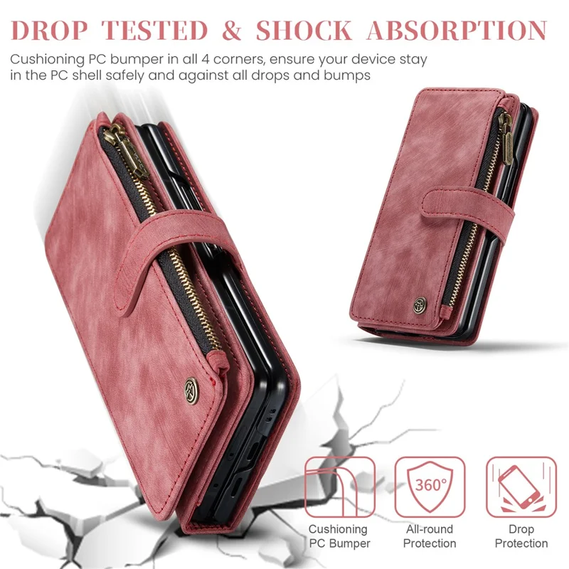 For Google Pixel Fold Phone Cases with Strap CASEME C30 Zipper Multiple Card Holder PU Leather Cover - Red