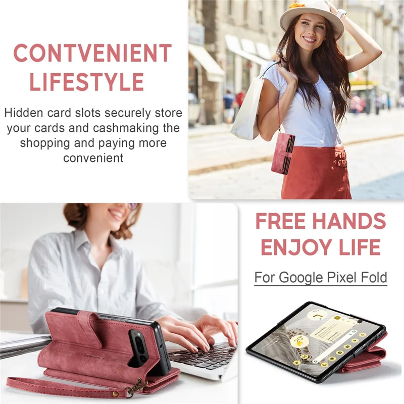 For Google Pixel Fold Phone Cases with Strap CASEME C30 Zipper Multiple Card Holder PU Leather Cover - Red