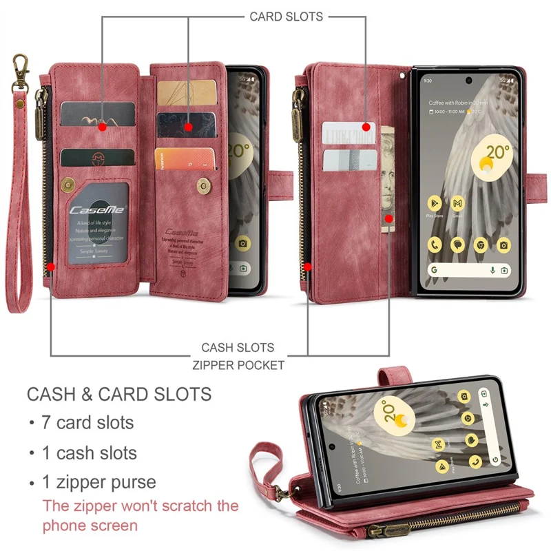 For Google Pixel Fold Phone Cases with Strap CASEME C30 Zipper Multiple Card Holder PU Leather Cover - Red
