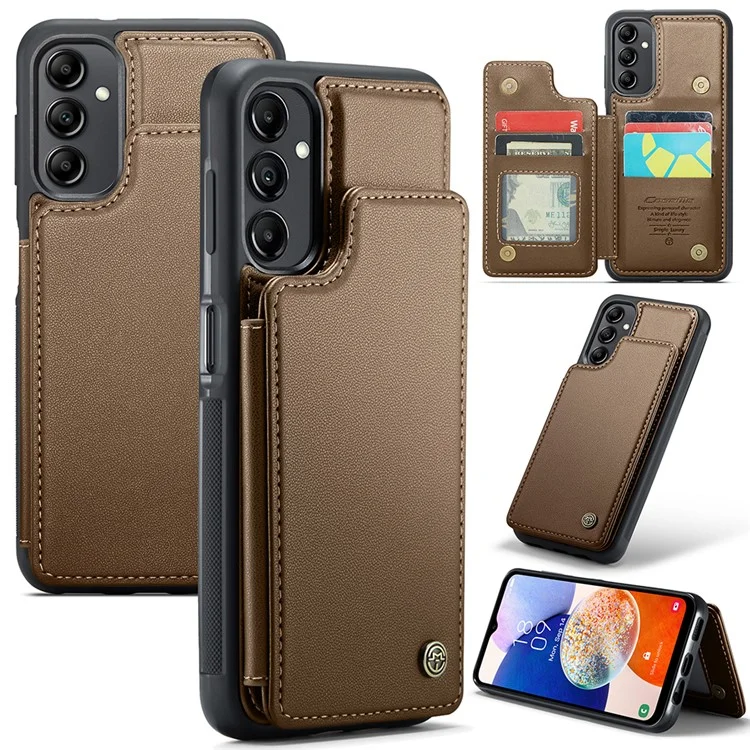 CASEME C22 Series для Samsung Galaxy A14 5G / 4G RFID Blocking Card Holder Kickstand Case Leather Coated TPU Cover - Коричневый