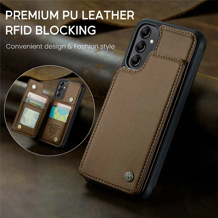 CASEME C22 Series для Samsung Galaxy A14 5G / 4G RFID Blocking Card Holder Kickstand Case Leather Coated TPU Cover - Коричневый