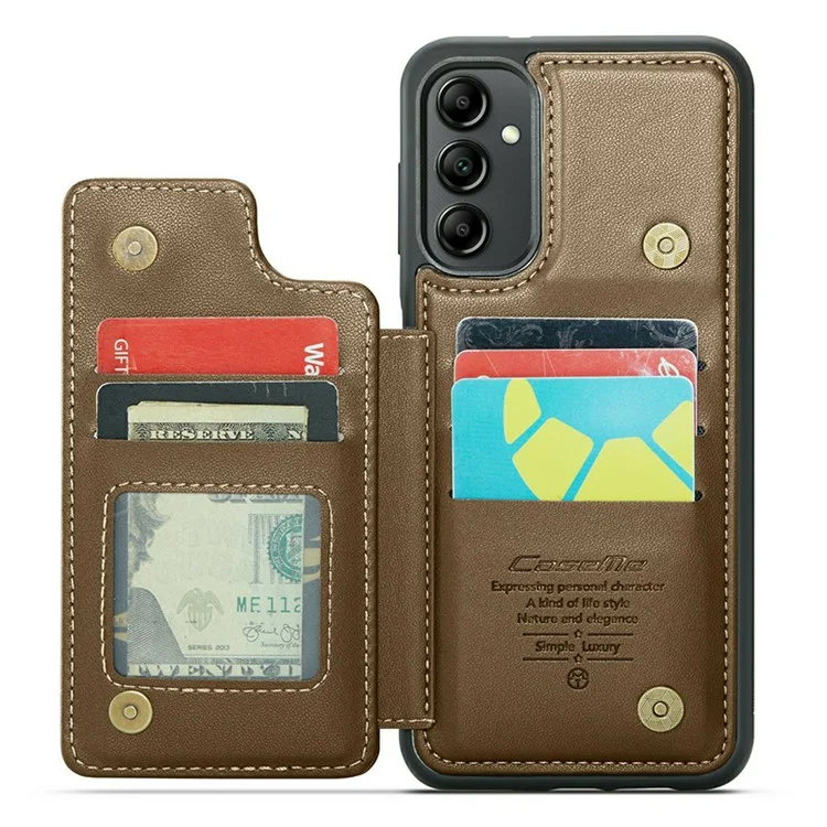 CASEME C22 Series для Samsung Galaxy A14 5G / 4G RFID Blocking Card Holder Kickstand Case Leather Coated TPU Cover - Коричневый