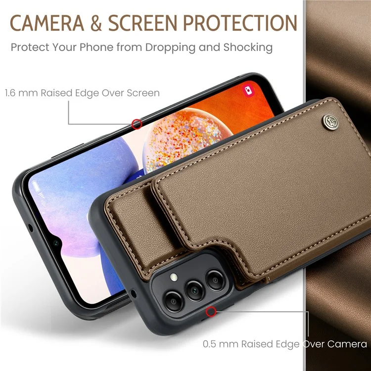 CASEME C22 Series для Samsung Galaxy A14 5G / 4G RFID Blocking Card Holder Kickstand Case Leather Coated TPU Cover - Коричневый