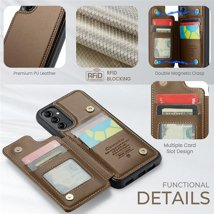 CASEME C22 Series для Samsung Galaxy A14 5G / 4G RFID Blocking Card Holder Kickstand Case Leather Coated TPU Cover - Коричневый