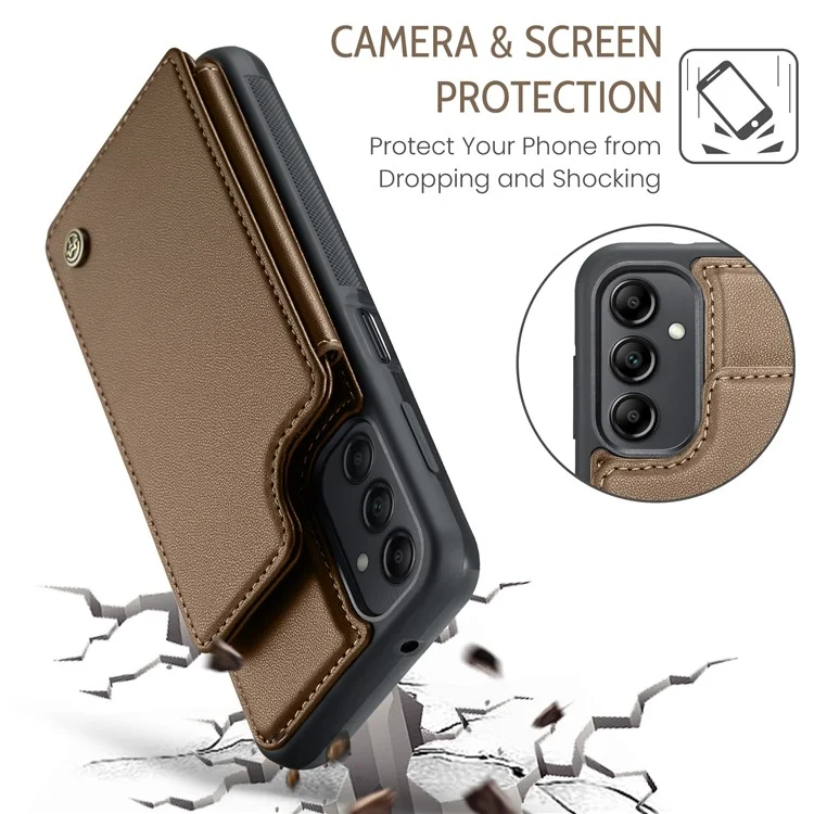 CASEME C22 Series для Samsung Galaxy A14 5G / 4G RFID Blocking Card Holder Kickstand Case Leather Coated TPU Cover - Коричневый