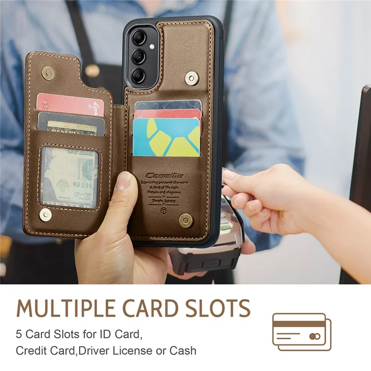 CASEME C22 Series для Samsung Galaxy A14 5G / 4G RFID Blocking Card Holder Kickstand Case Leather Coated TPU Cover - Коричневый