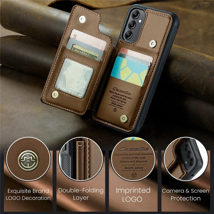 CASEME C22 Series для Samsung Galaxy A14 5G / 4G RFID Blocking Card Holder Kickstand Case Leather Coated TPU Cover - Коричневый