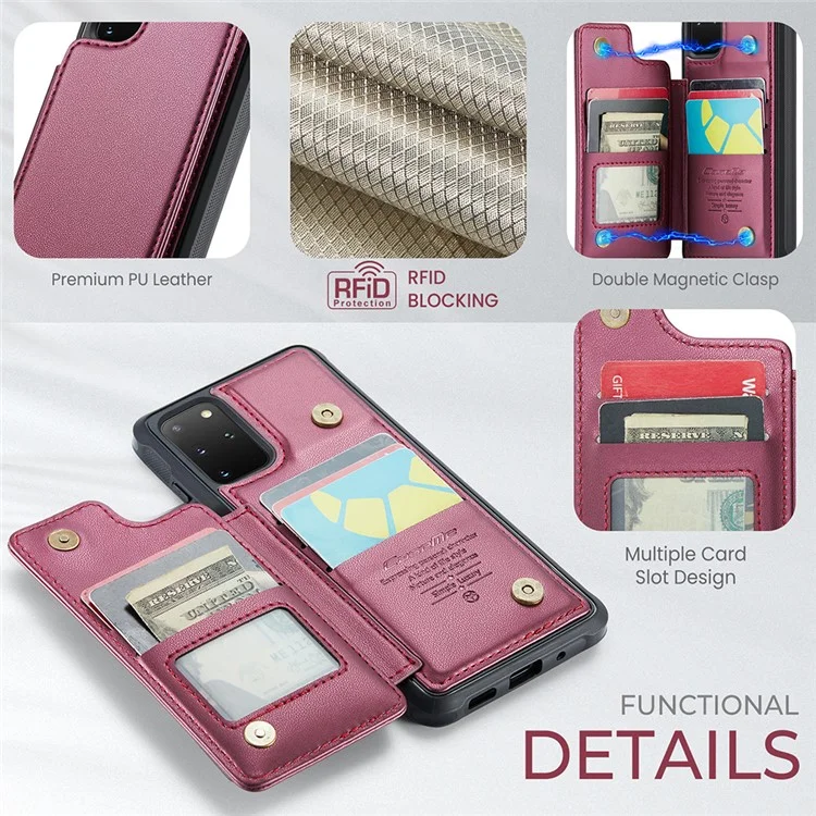 CASEME C22 Серия для Samsung Galaxy S20 Plus 5G / S20 Plus 4G Чехол с держателем для карт с защитой от RFID, кожа+TPU, подставка для телефона - Красный
