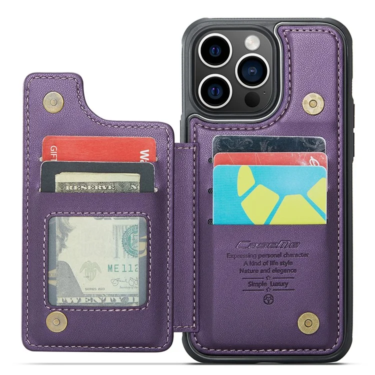 CASEME C22 Series PU+TPU Kickstand Case per iPhone 14 Pro Max Blocco RFID Porta Carte Custodia per Telefono - Viola
