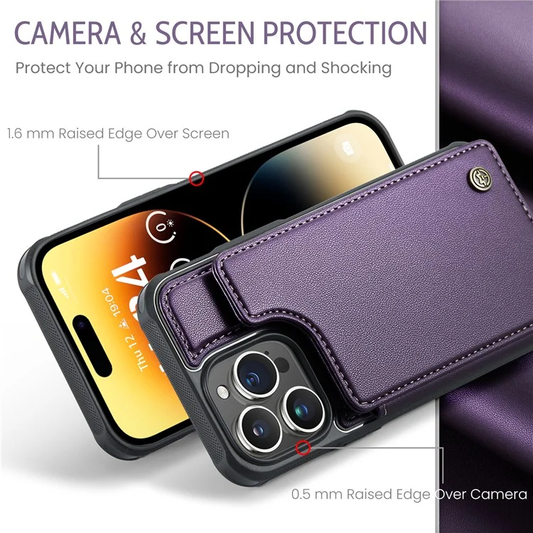 CASEME C22 Series PU+TPU Kickstand Case per iPhone 14 Pro Max Blocco RFID Porta Carte Custodia per Telefono - Viola