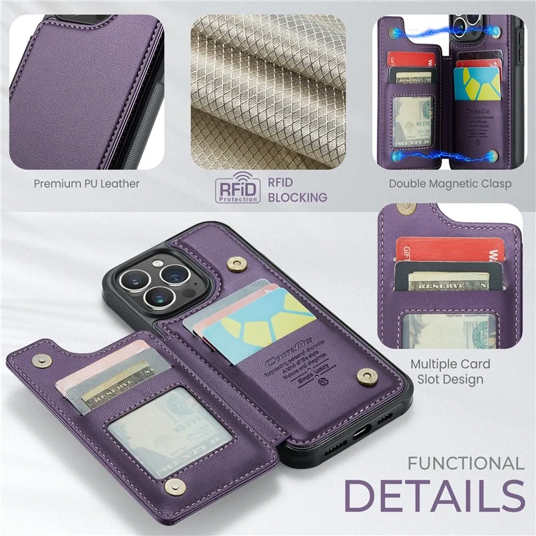 CASEME C22 Series PU+TPU Kickstand Case per iPhone 14 Pro Max Blocco RFID Porta Carte Custodia per Telefono - Viola