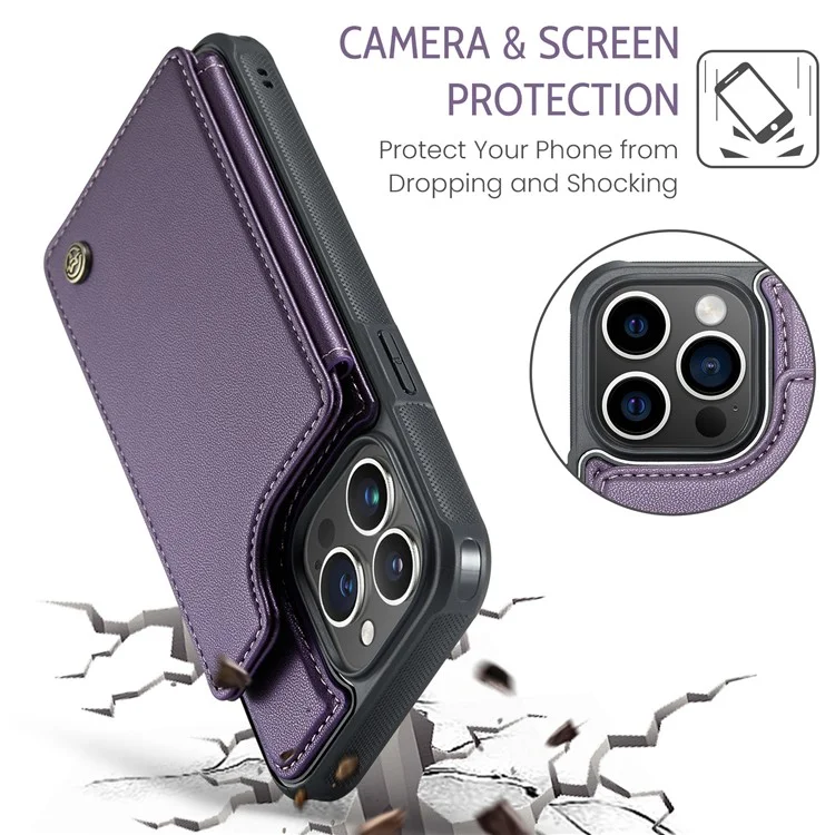 CASEME C22 Series PU+TPU Kickstand Case per iPhone 14 Pro Max Blocco RFID Porta Carte Custodia per Telefono - Viola
