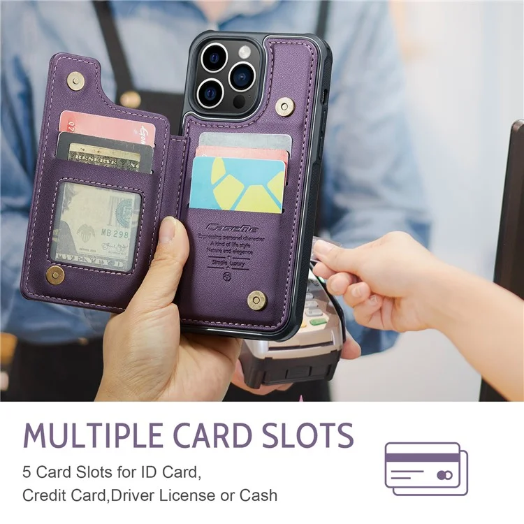 CASEME C22 Series PU+TPU Kickstand Case per iPhone 14 Pro Max Blocco RFID Porta Carte Custodia per Telefono - Viola