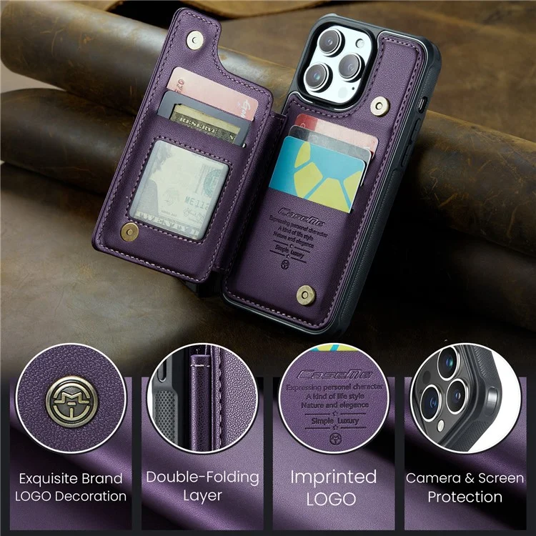 CASEME C22 Series PU+TPU Kickstand Case per iPhone 14 Pro Max Blocco RFID Porta Carte Custodia per Telefono - Viola