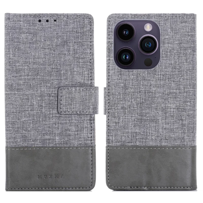 MUXMA MX102 for iPhone 15 Pro Canvas PU Leather Splicing Case Stand Wallet Protective Phone Cover - Grey