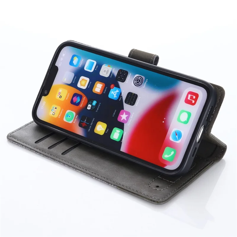 MUXMA MX102 for iPhone 15 Pro Canvas PU Leather Splicing Case Stand Wallet Protective Phone Cover - Grey