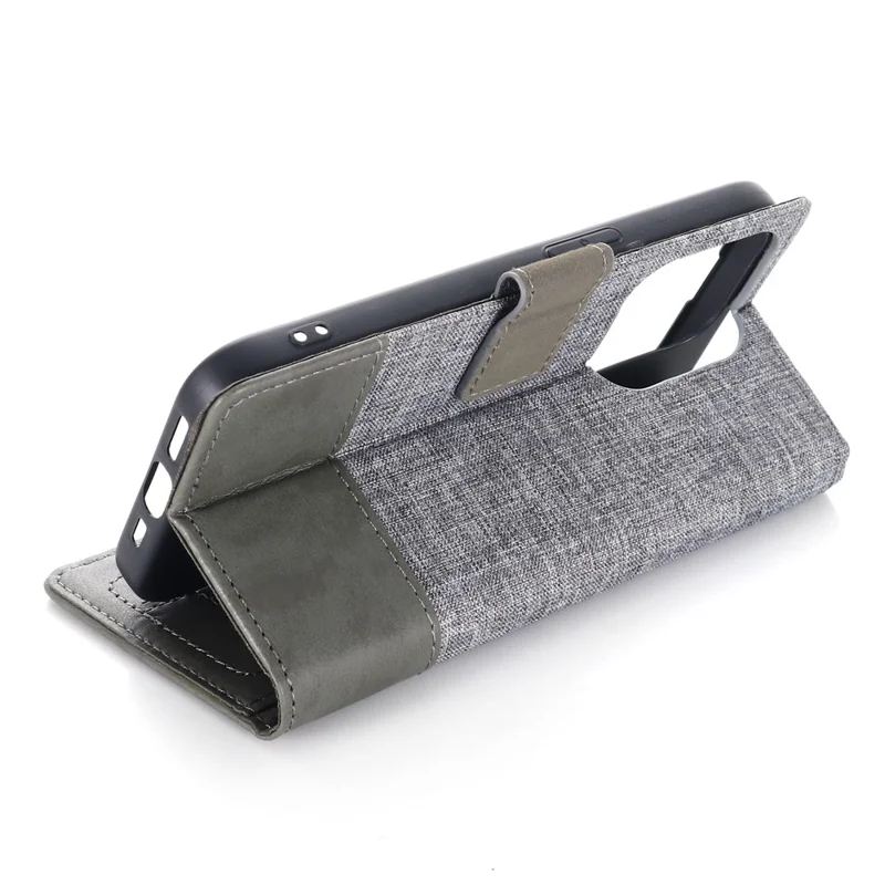 MUXMA MX102 for iPhone 15 Pro Canvas PU Leather Splicing Case Stand Wallet Protective Phone Cover - Grey