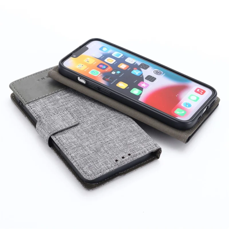 MUXMA MX102 for iPhone 15 Pro Canvas PU Leather Splicing Case Stand Wallet Protective Phone Cover - Grey