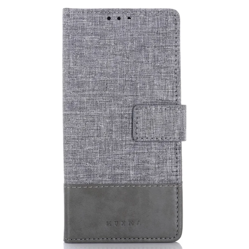 MUXMA MX102 for iPhone 15 Pro Canvas PU Leather Splicing Case Stand Wallet Protective Phone Cover - Grey