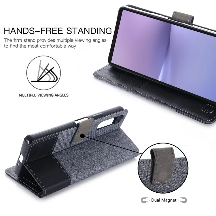 MUXMA MX102 for Sony Xperia 10 V Flip Phone Case Splicing Canvas PU Leather Wallet Stand Cover - Black