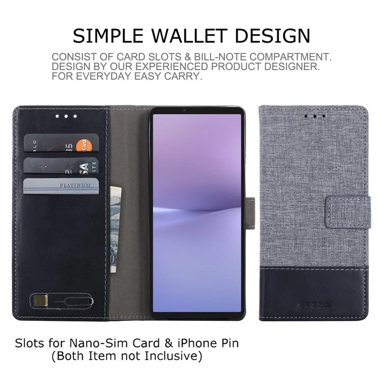 MUXMA MX102 for Sony Xperia 10 V Flip Phone Case Splicing Canvas PU Leather Wallet Stand Cover - Black