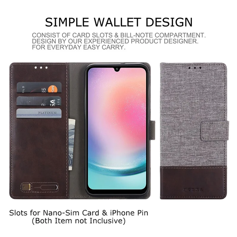 MUXMA MX102 for Samsung Galaxy A24 4G (162.1 x 77.6 x 8.3mm) Canvas PU Leather Splicing Case Stand Wallet Protective Phone Cover - Brown