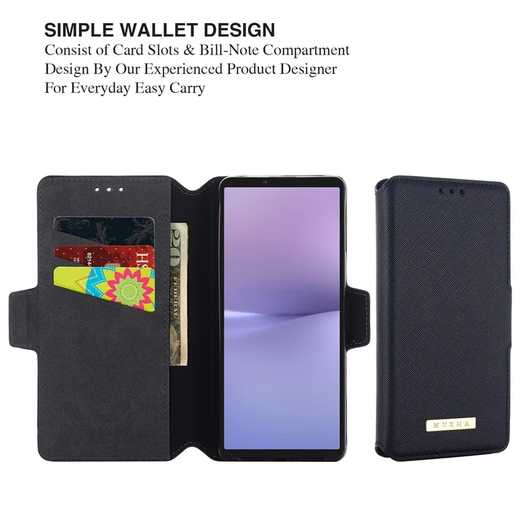 MUXMA MX115 For Sony Xperia 10 V Cross Texture PU Leather Shell Phone Case Stand Wallet Flip Cover - Black