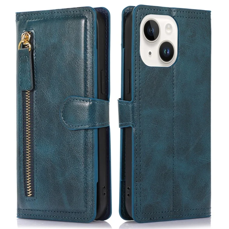 Für iPhone 15 Plus Slim-Fit PU-Leder-Hülle Brieftasche Reisverschlusstasche Flip-Ständer Handy-Cover-Schale - Blau