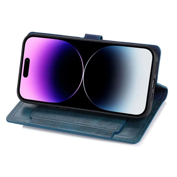 Für iPhone 15 Plus Slim-Fit PU-Leder-Hülle Brieftasche Reisverschlusstasche Flip-Ständer Handy-Cover-Schale - Blau