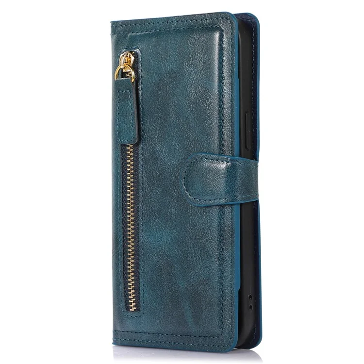 Für iPhone 15 Plus Slim-Fit PU-Leder-Hülle Brieftasche Reisverschlusstasche Flip-Ständer Handy-Cover-Schale - Blau