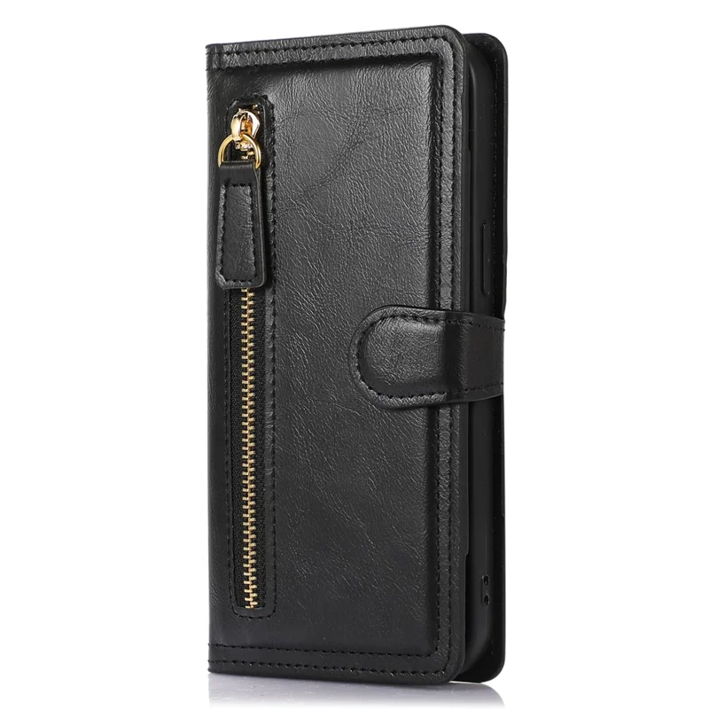 For iPhone 15 Plus Slim-Fit PU Leather Case Wallet Zipper Pocket Flip Stand Phone Cover Shell - Black